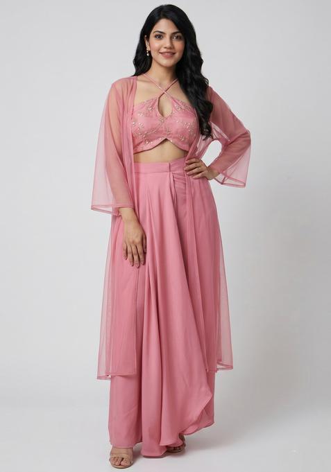 Pink Embroidered Organza Fusion Set