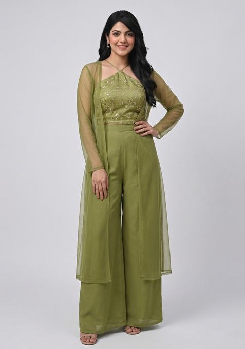 Olive Green Embroidered Organza Fusion Set