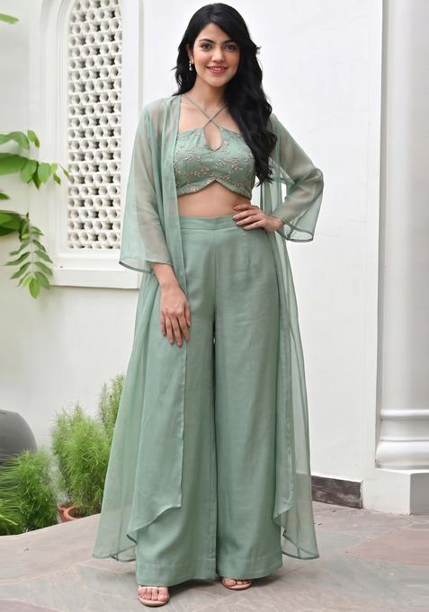 Pastel Green Embroidered Organza Fusion Set