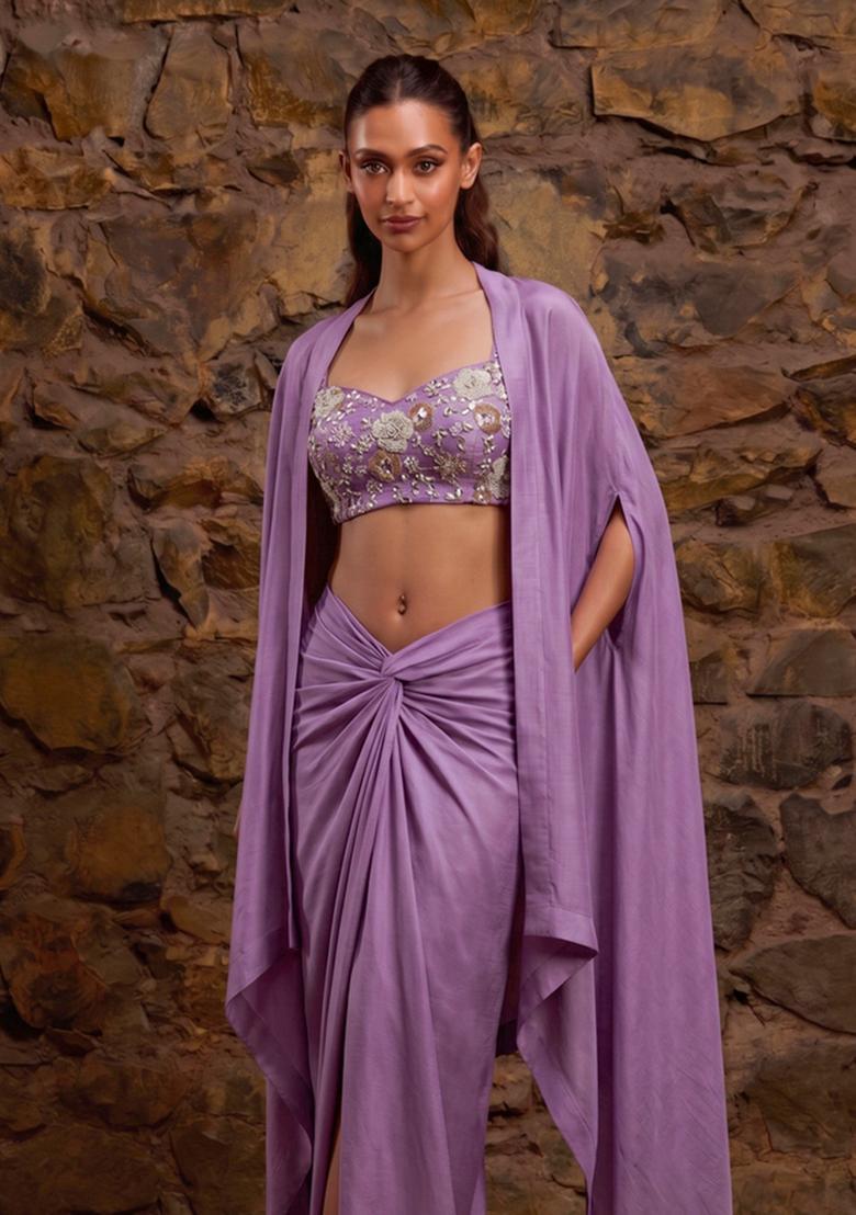 Mauve Embroidered Georgette Fusion Set - Indya