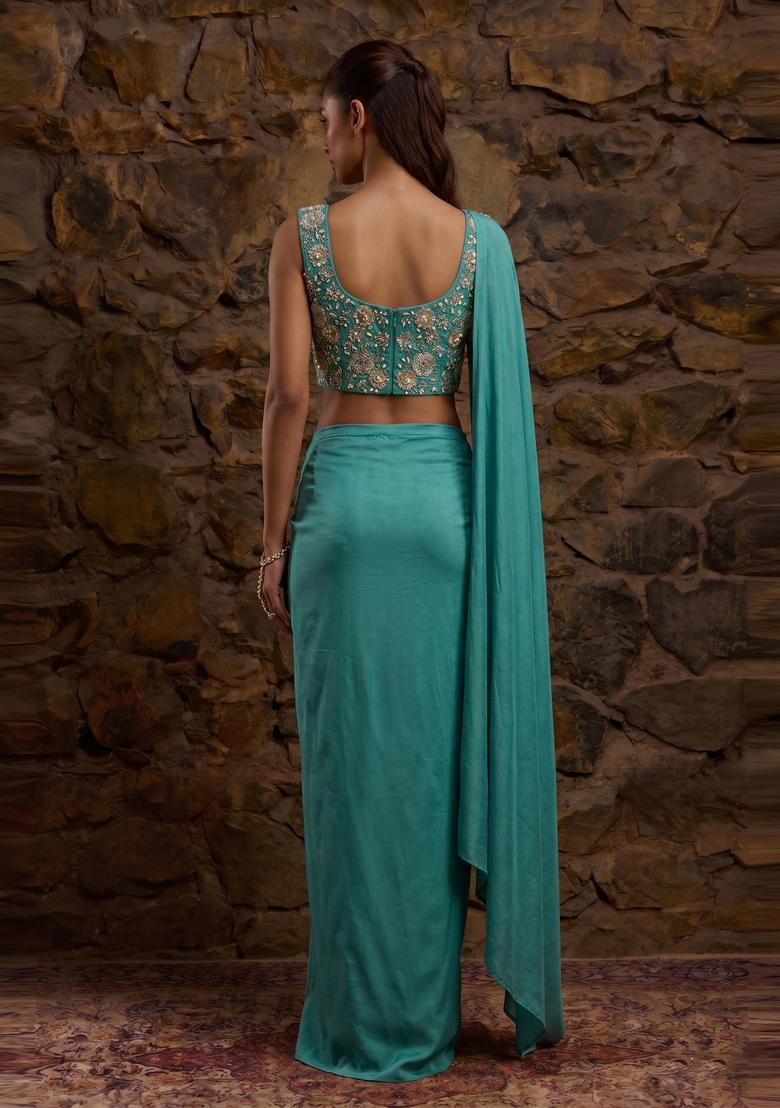 Teal Green Embroidered Georgette Fusion Set - Indya
