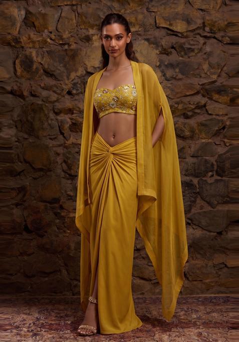 Mustard Yellow Embroidered Georgette Fusion Set