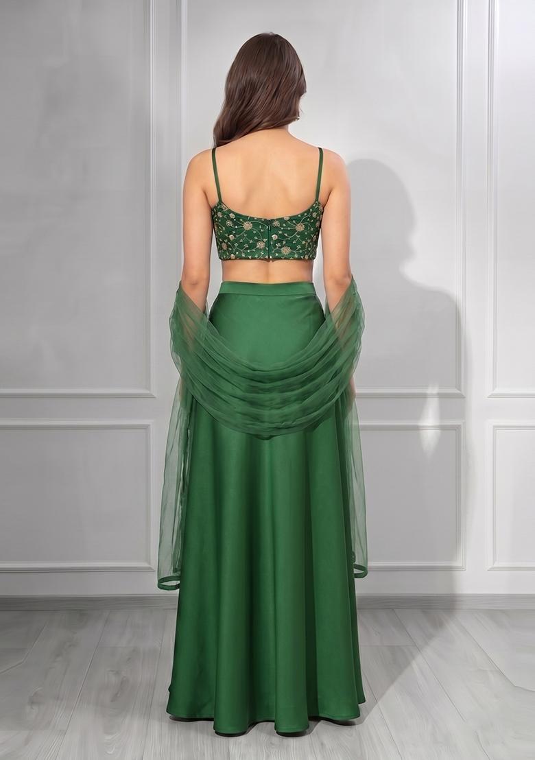 Moss Green Zari Tissue Lehenga Set - Indya