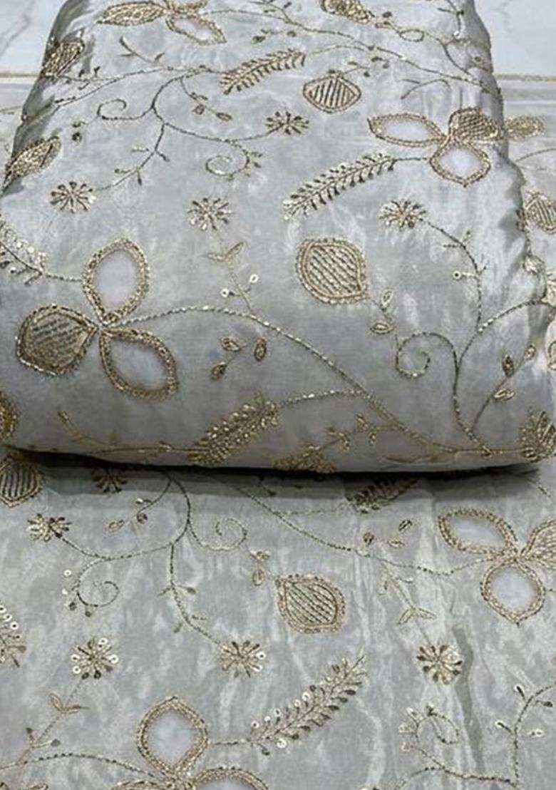 Silver Embroidered Tissue Fusion Set for Diwali and Festive Wear - Indya