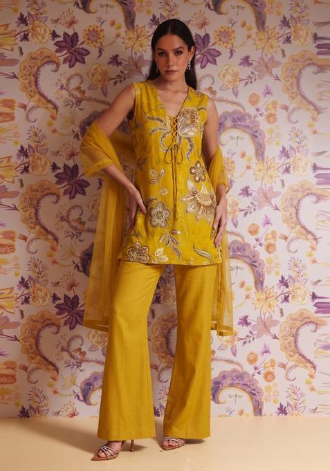 Dark Mustard Embroidered Organza Kurta Set