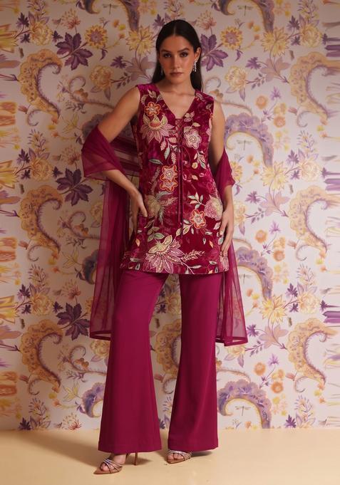 Wine Embroidered Organza Kurta Set