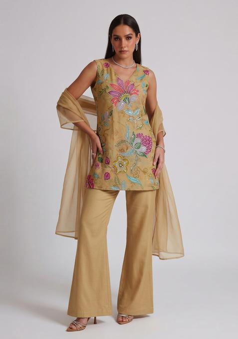 Beige Embroidered Organza Kurta Set