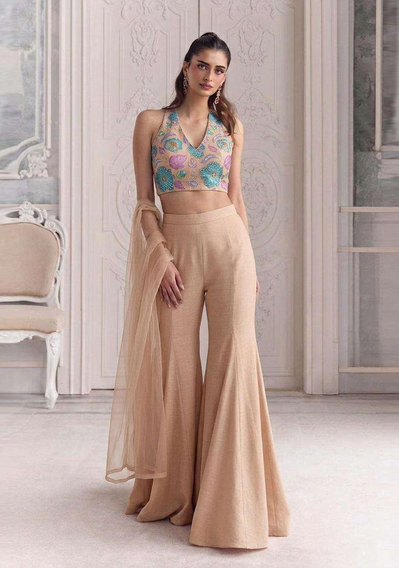 Beige Embroidered Organza Sharara Set for Diwali and Festive Wear - Indya
