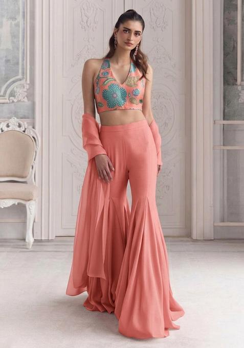 Peach Embroidered Organza Sharara Set