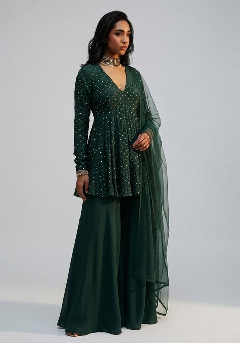 Dark Green Embellished Silk Sharara Set