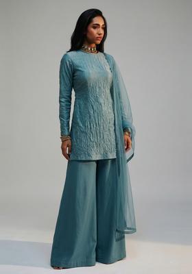 Teal Blue Embellished Silk Sharara Set