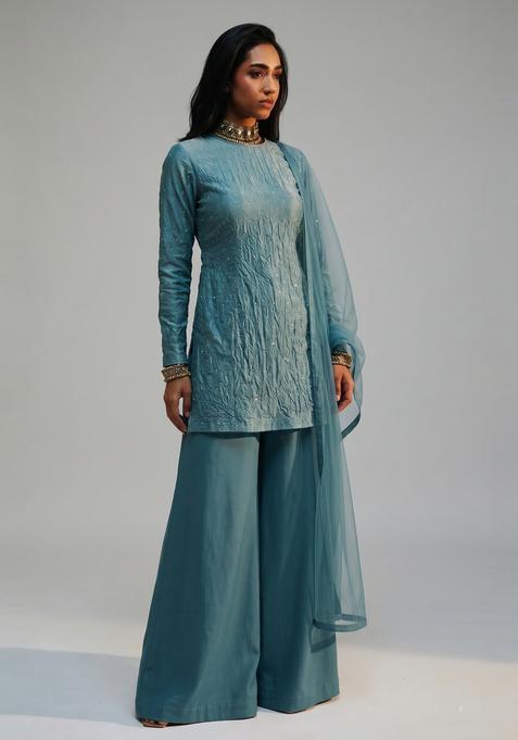 Teal Blue Embellished Silk Sharara Set