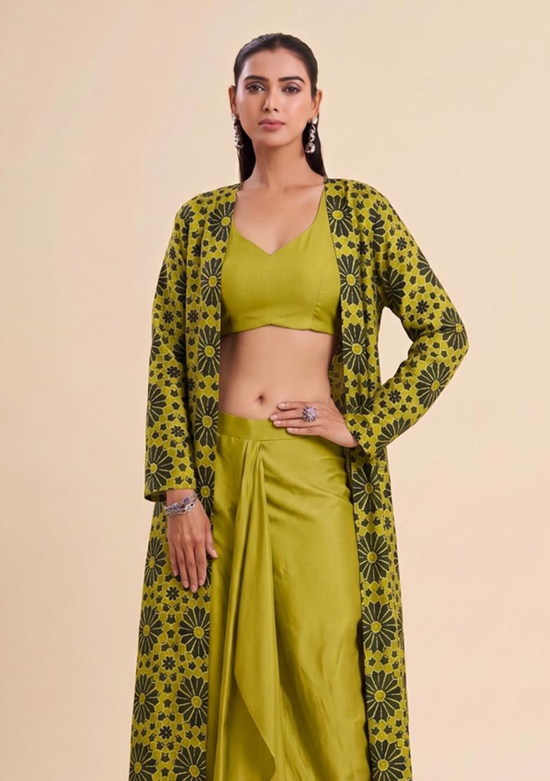 Olive Green Printed Satin Fusion Set - Indya