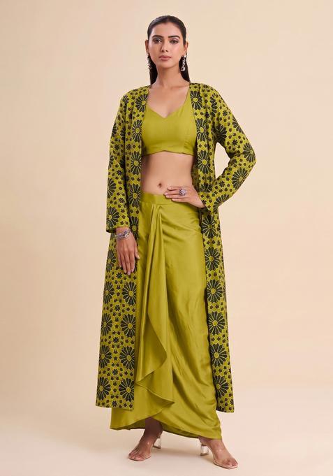 Olive Green Printed Satin Fusion Set