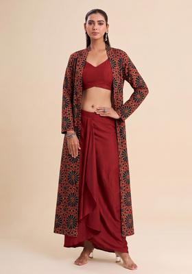 Red Printed Satin Fusion Set