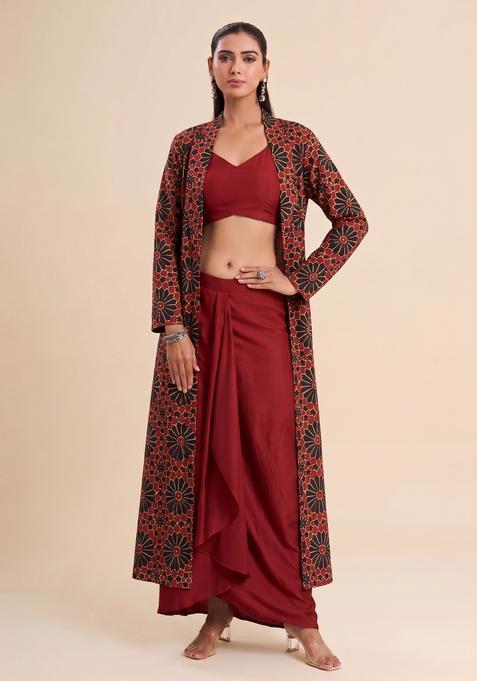 Red Printed Satin Fusion Set