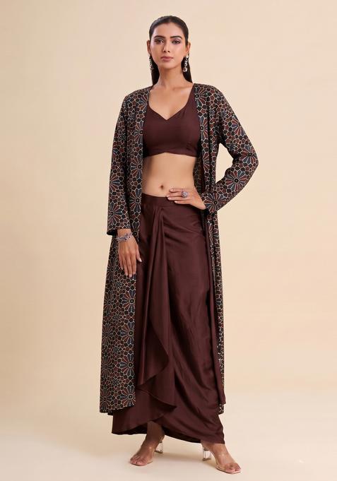 Dark Brown Printed Satin Fusion Set