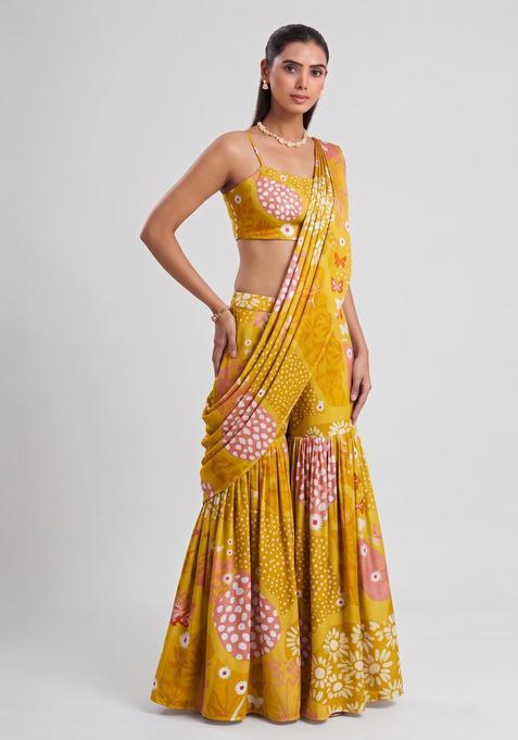 Mustard Printed Satin Fusion Set