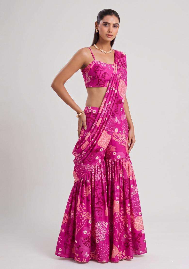 Magenta Printed Satin Fusion Set - Indya