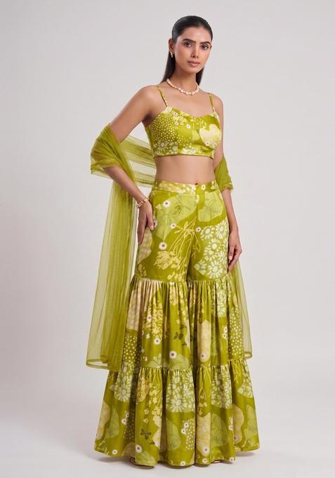 Olive Green Printed Satin Fusion Set