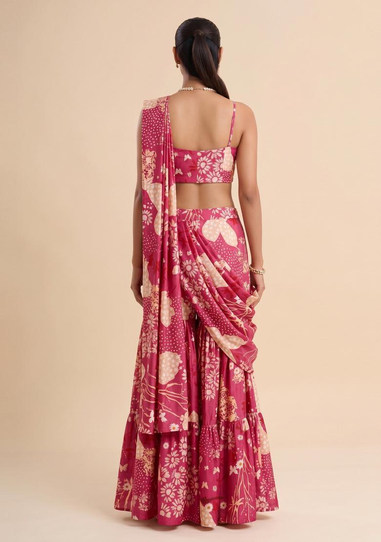 Pink Printed Satin Fusion Set - Indya