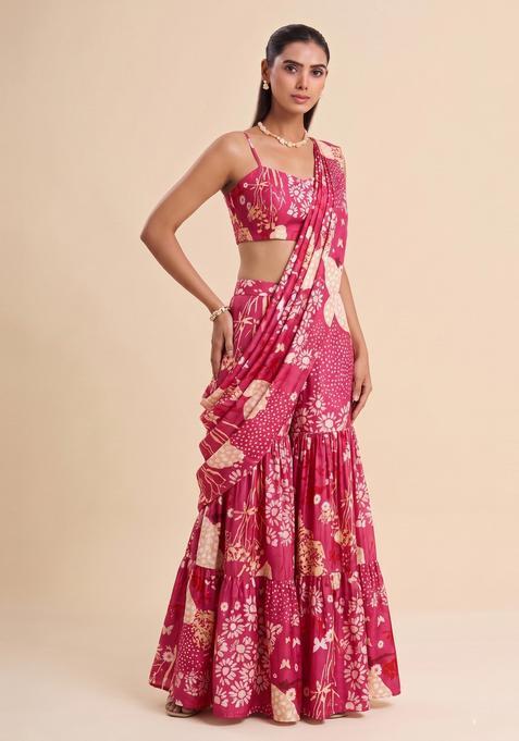 Pink Printed Satin Fusion Set