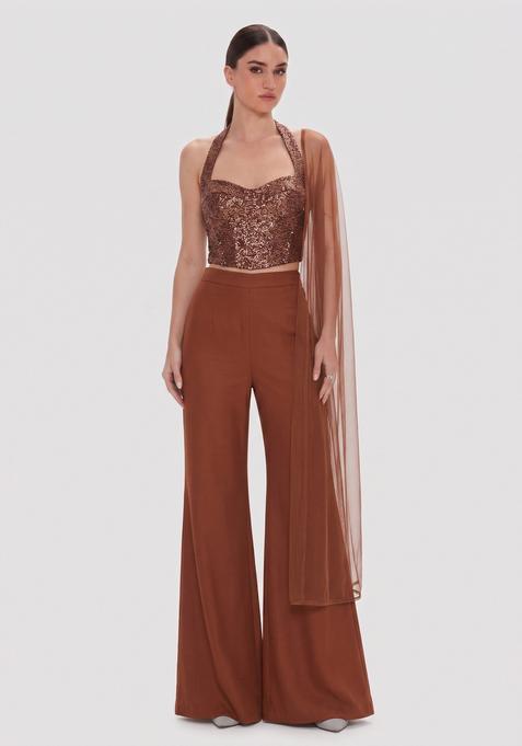 Brown Sequin Georgette Fusion Set