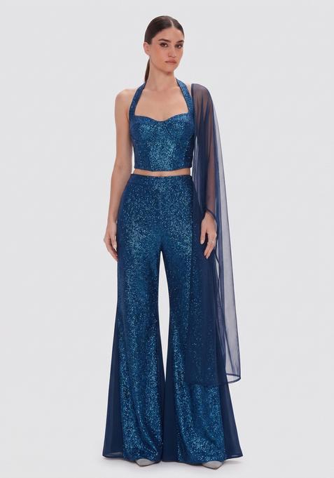 Teal Blue Sequin Georgette Fusion Set