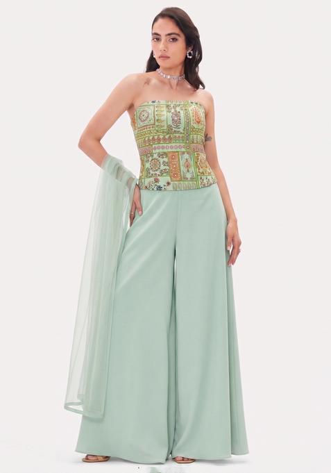 Mint Green Mirror Chinon Lehenga Set