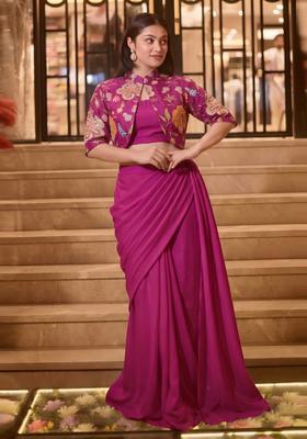 Magenta Printed Organza Pre Draped Saree Set