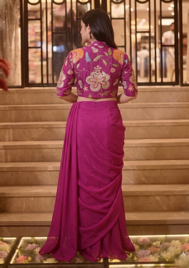 Magenta Printed Organza Pre Draped Saree Set - Indya
