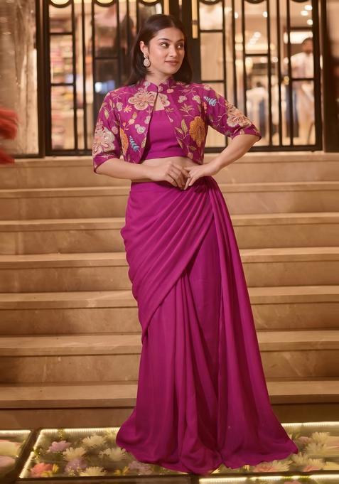 Magenta Printed Organza Pre Draped Saree Set