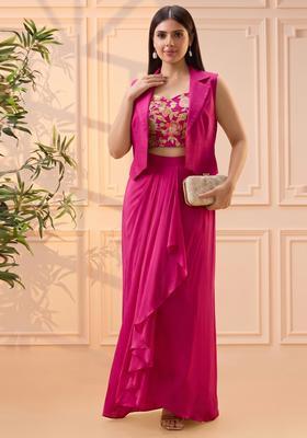 Magenta Embroidered Silk Fusion Set