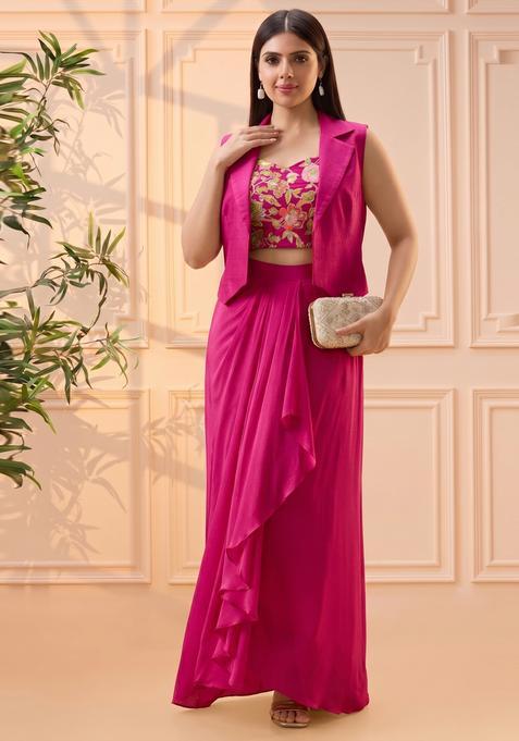Magenta Embroidered Silk Fusion Set