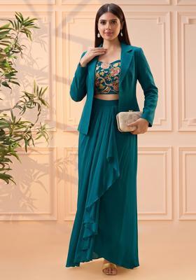 Dark Teal Embroidered Silk Fusion Set