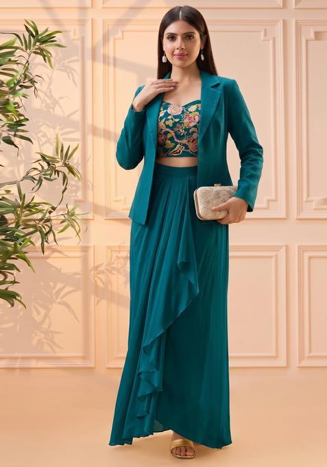 Dark Teal Embroidered Silk Fusion Set