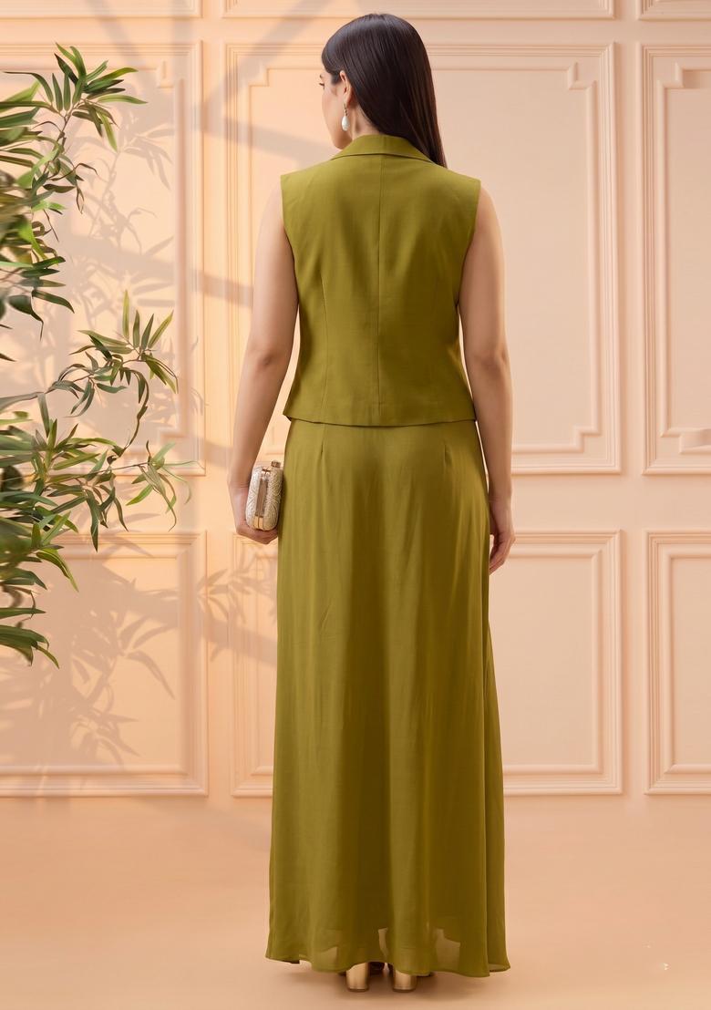 Olive Green Embroidered Silk Fusion Set - Indya
