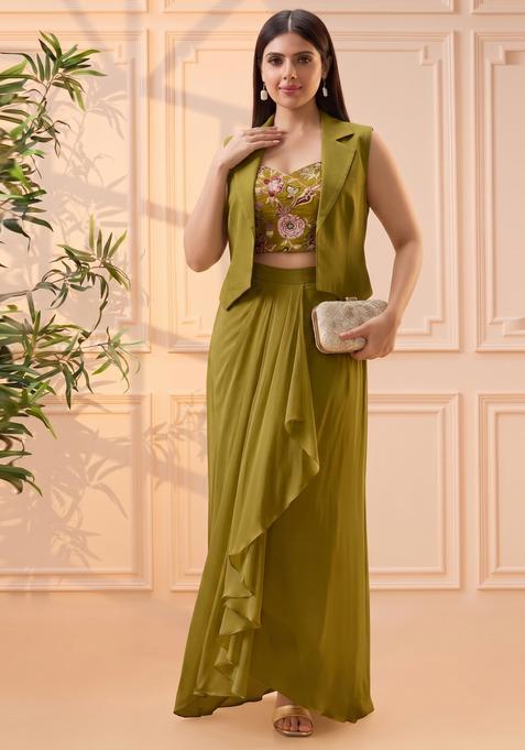 Olive Green Embroidered Silk Fusion Set