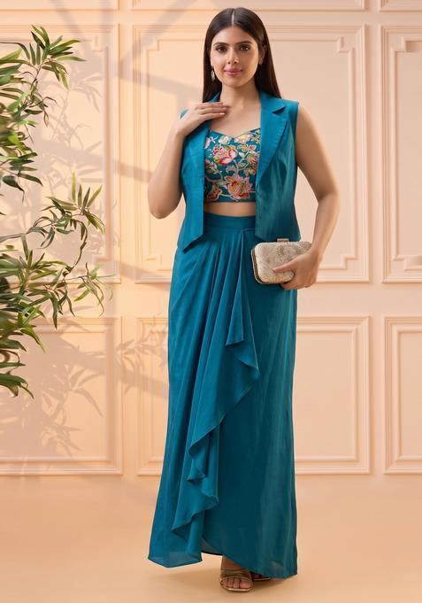 Teal Blue Embroidered Silk Fusion Set