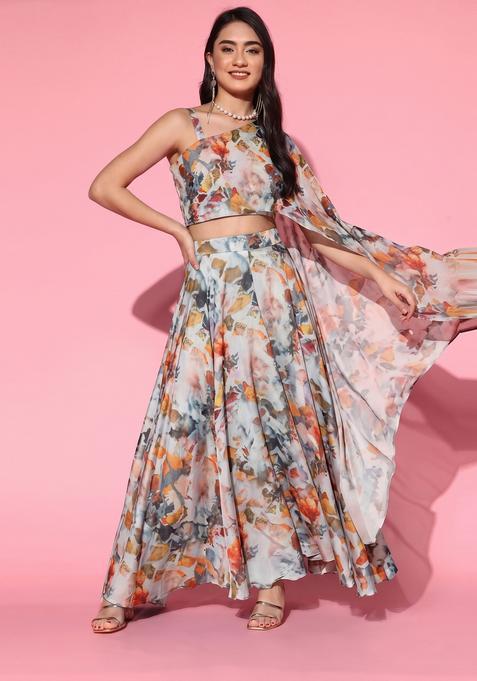 Off White Printed Organza Pre Draped Saree Set