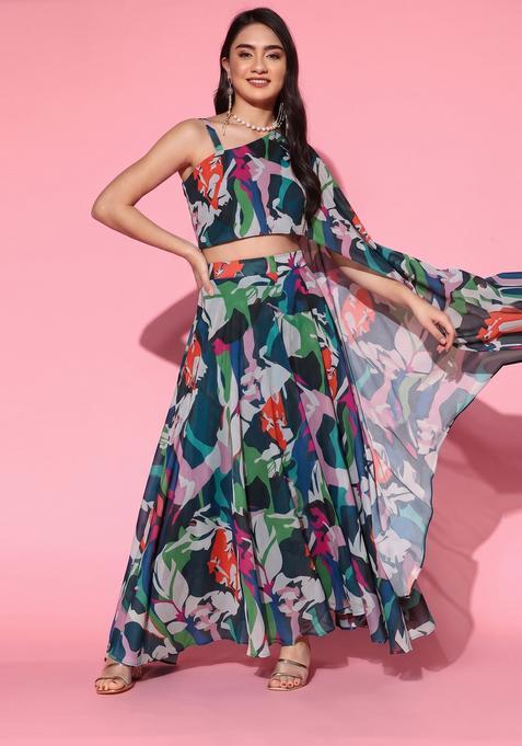Multicolor Printed Organza Fusion Set