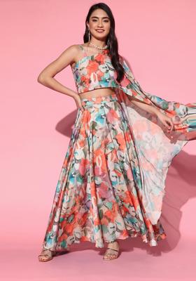 Multicolor Printed Organza Fusion Set