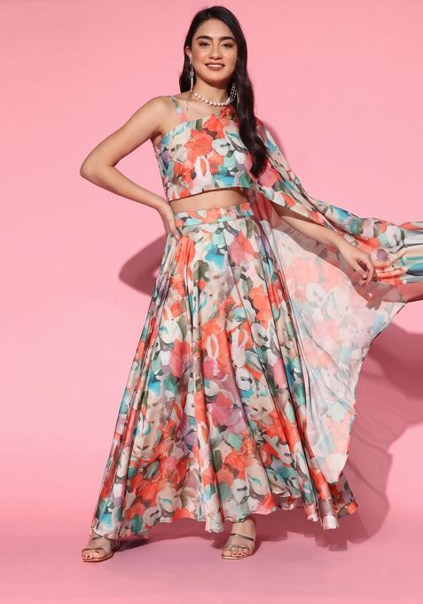 Multicolor Printed Organza Fusion Set
