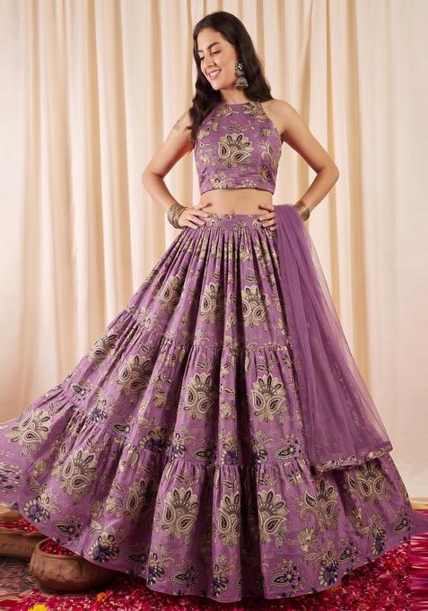 Mauve Embroidered Crepe Lehenga Set
