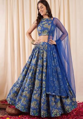 Royal Blue Embroidered Crepe Lehenga Set