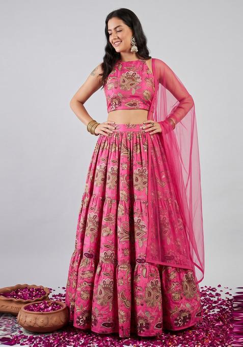 Pink Printed Crepe Lehenga Set