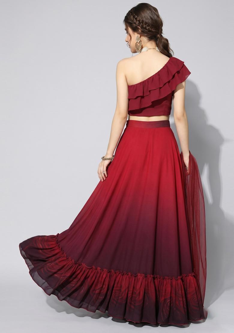 Red Printed Georgette Lehenga Set - Indya