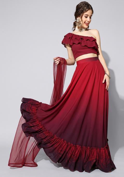 Red Printed Georgette Lehenga Set
