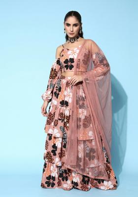Dusty Pink Printed Crepe Lehenga Set