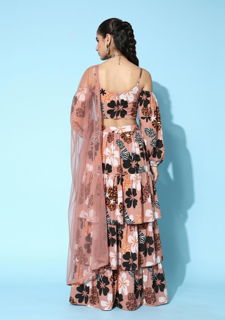 Dusty Pink Printed Crepe Lehenga Set - Indya